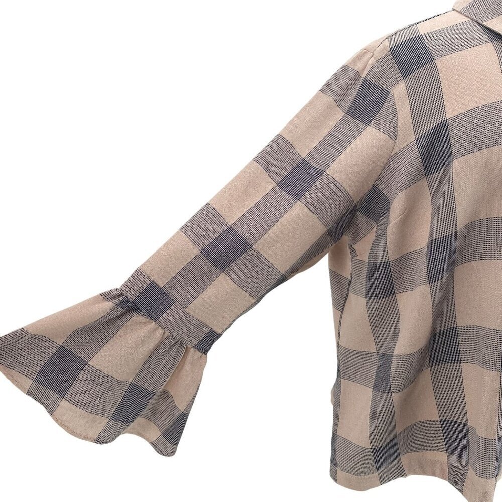 NEW Lane Bryant Womens 22 Top Bell Sleeve Checker Pink Blue Hidden Button - Picture 4 of 10